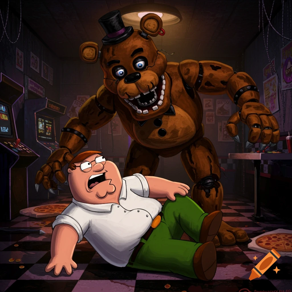 Peter Griffin from Family Guy lies terrified on the floor while Freddy Fazbear from Five Nights at Freddy's looms over him in a dimly lit arcade.