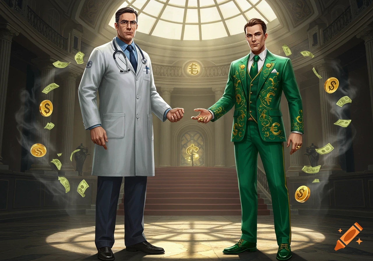 A doctor stands opposite a man in a green suit adorned with currency symbols, with money floating around them in a grand hall.