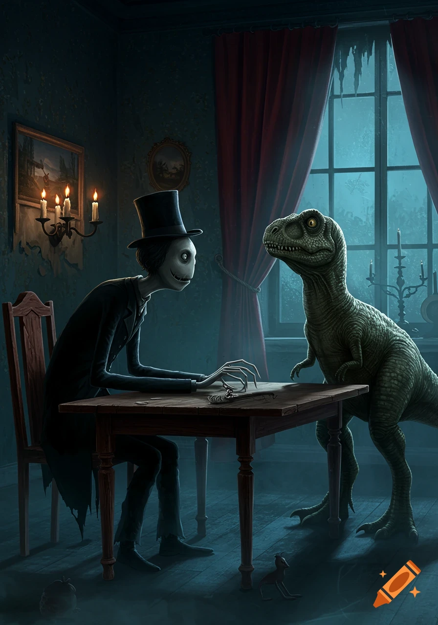 A gaunt, pale figure in a top hat and suit sits at a table opposite a dinosaur in a dimly lit, eerie room with a large window and candlelight.