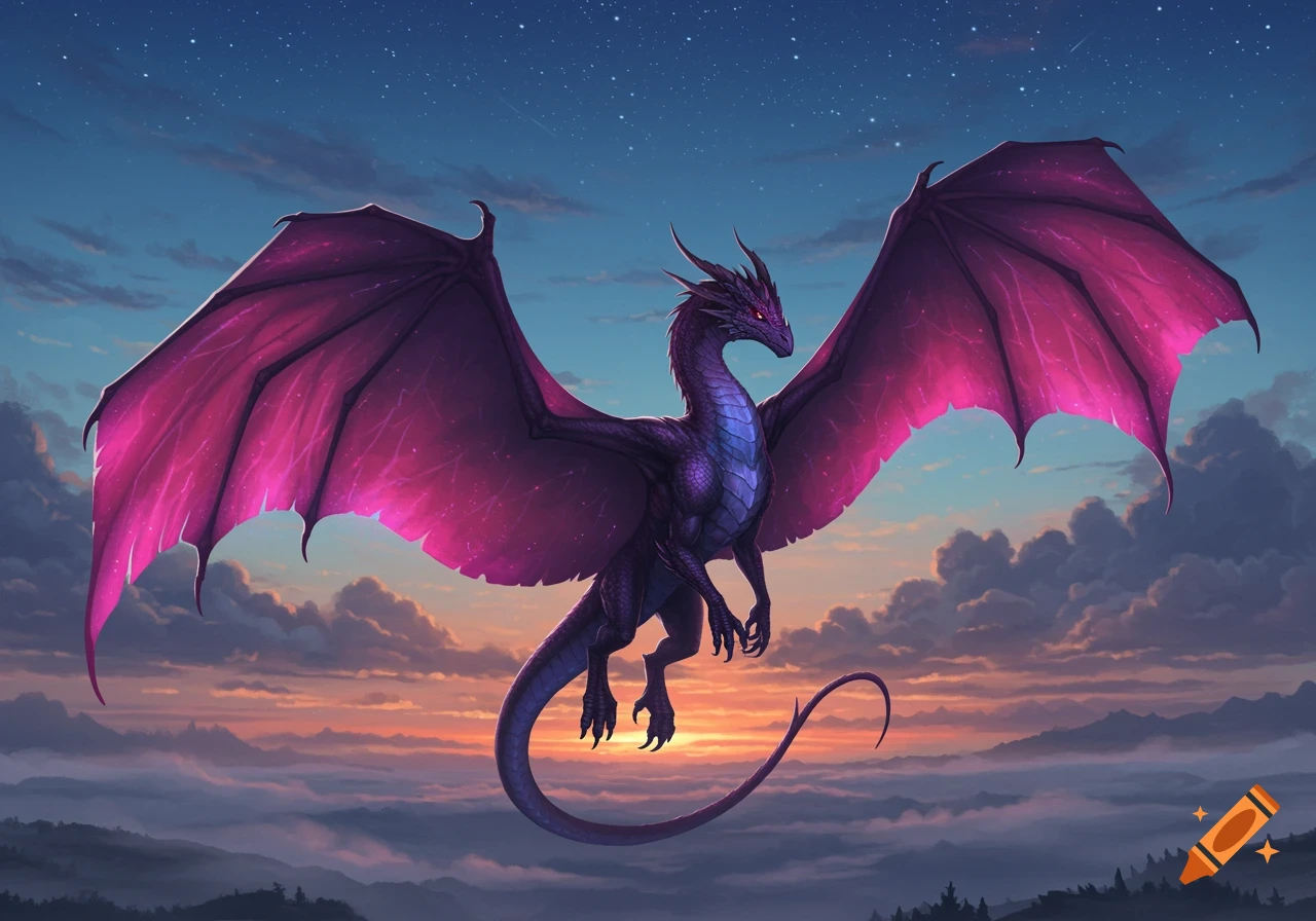 A majestic purple dragon with glowing pink wings flies over misty mountains under a starry twilight sky.