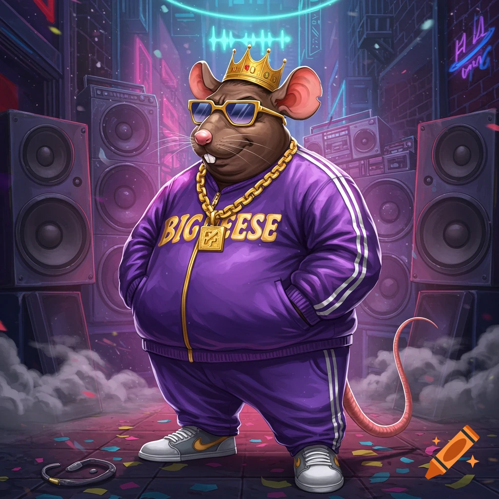 A cartoon rat wearing a purple tracksuit, gold chain, sunglasses, and crown stands in an alley with large speakers. The tracksuit reads 'BIG CHEESE'.