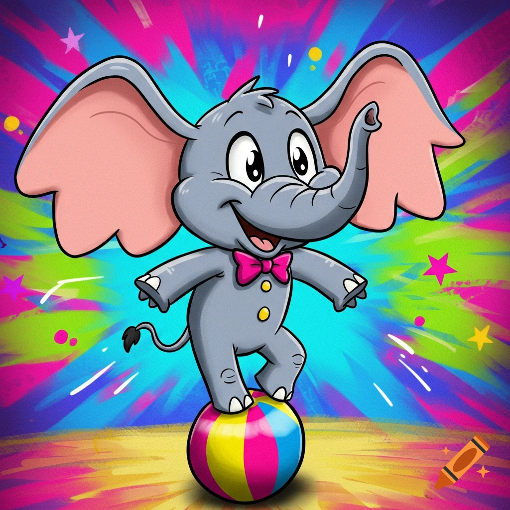 A vibrant cartoon elephant in a pink bow tie balances on a colorful striped ball against a bright, abstract background with stars.