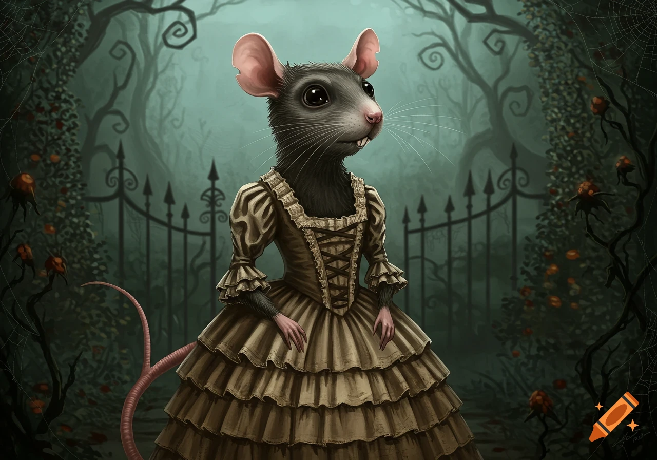 A dark, stylized illustration of an anthropomorphic rat in a Victorian-era dress standing in front of a spooky gate.