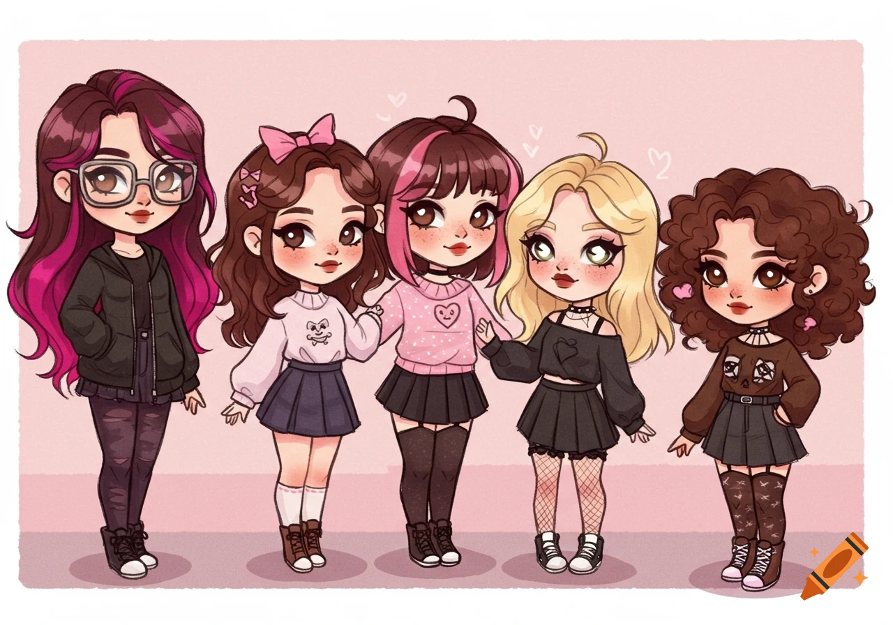 Five diverse girls in chibi art style, each with unique outfits and hairstyles, standing side by side against a pink background.