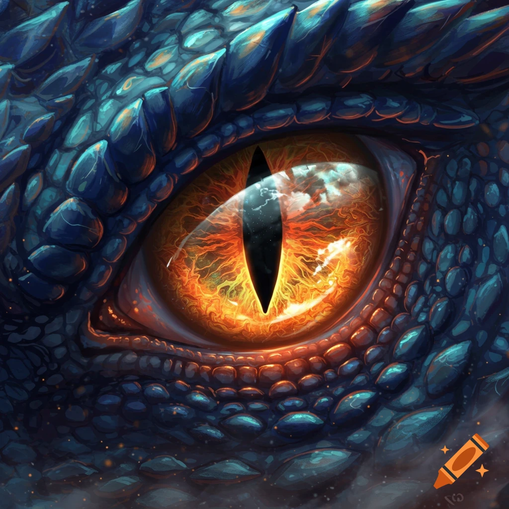 Close-up of a vibrant, fiery orange dragon eye with a vertical pupil, surrounded by textured blue scales.
