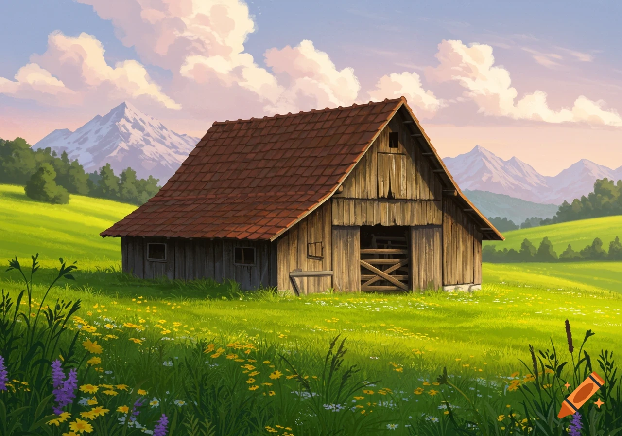 A wooden barn with a red roof stands in a vibrant green field with wildflowers, backed by mountains under a cloud-filled sky.