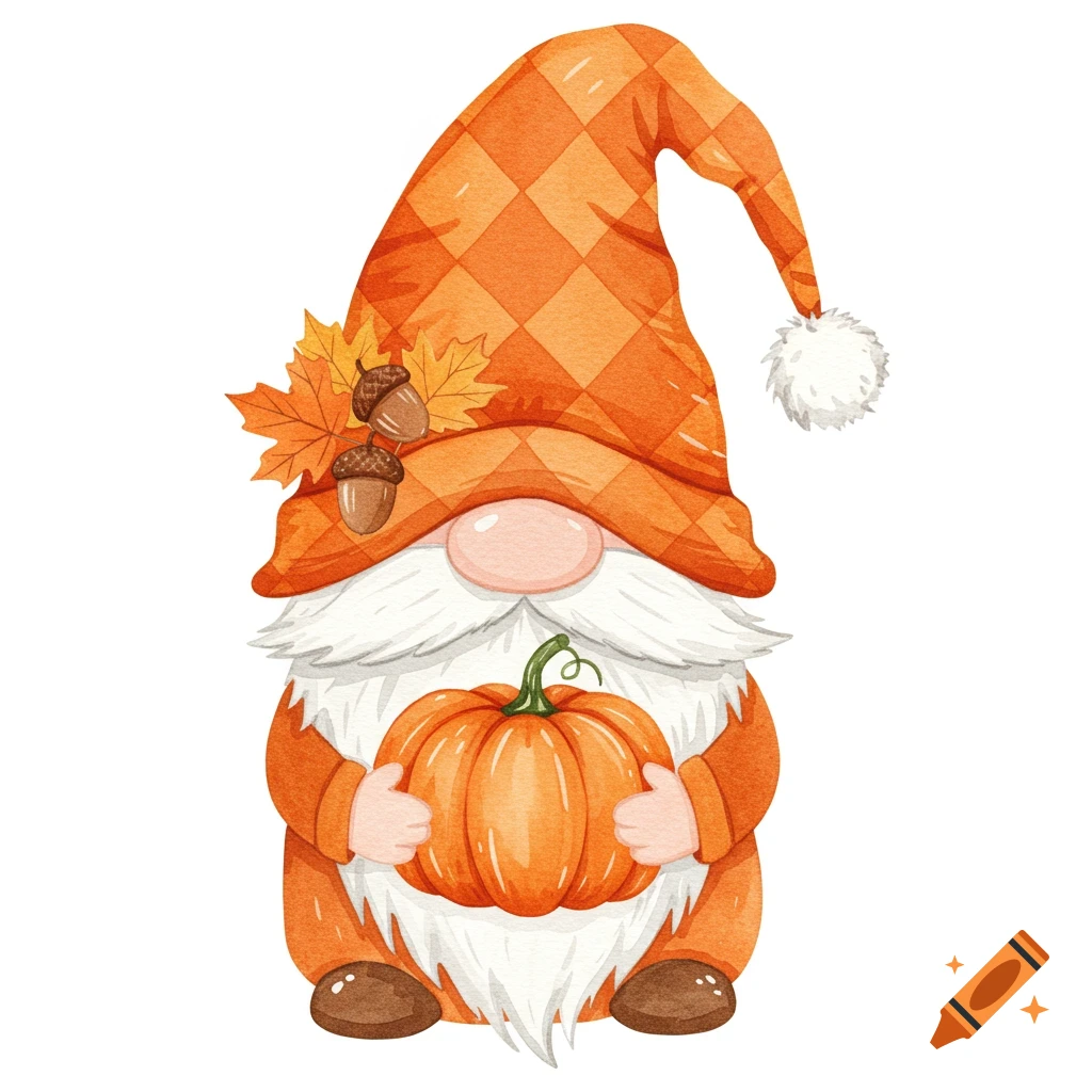 A watercolor illustration of a cute fall gnome with a white beard, orange plaid hat, leaves, acorns, holding a small pumpkin.