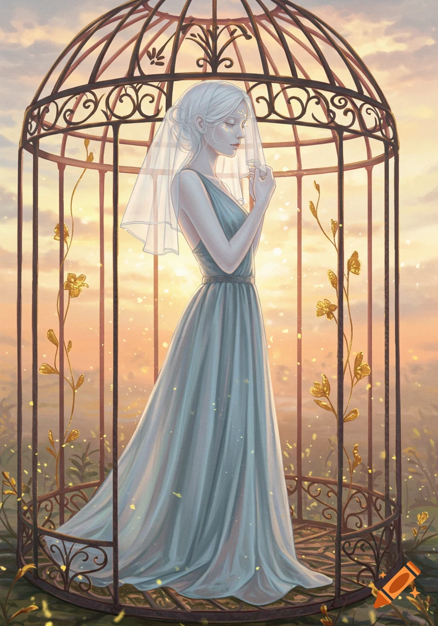 A white-haired woman in a light blue dress and veil stands inside an ornate cage at sunset, surrounded by golden plants.