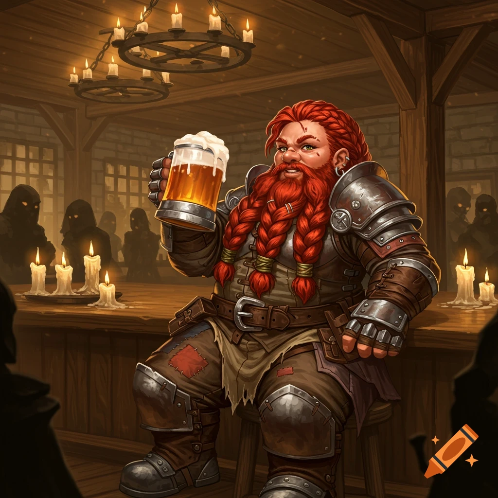 A female dwarf with braided red hair and armor sits at a candlelit bar, holding up a mug of frothy beer.