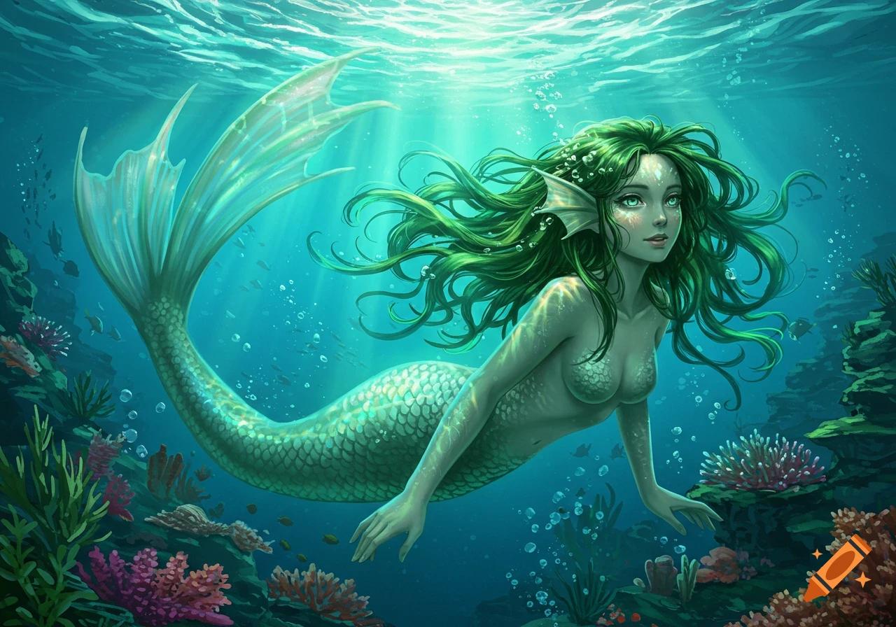 A vibrant green-haired mermaid swims gracefully through an enchanting coral reef with light rays filtering from above.