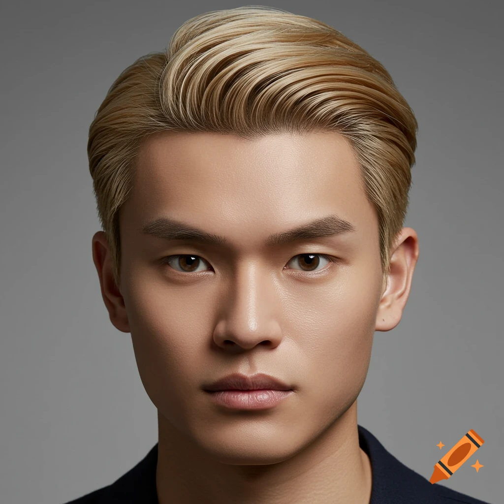 Photorealistic close-up headshot of a man with blonde hair styled in a combover.