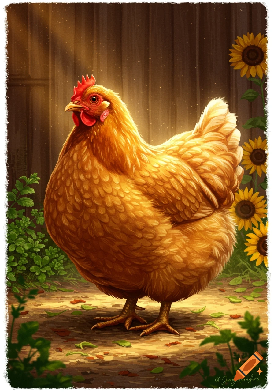 Golden-brown chicken illustration in a sunlit farmyard with sunflowers and a wooden fence.