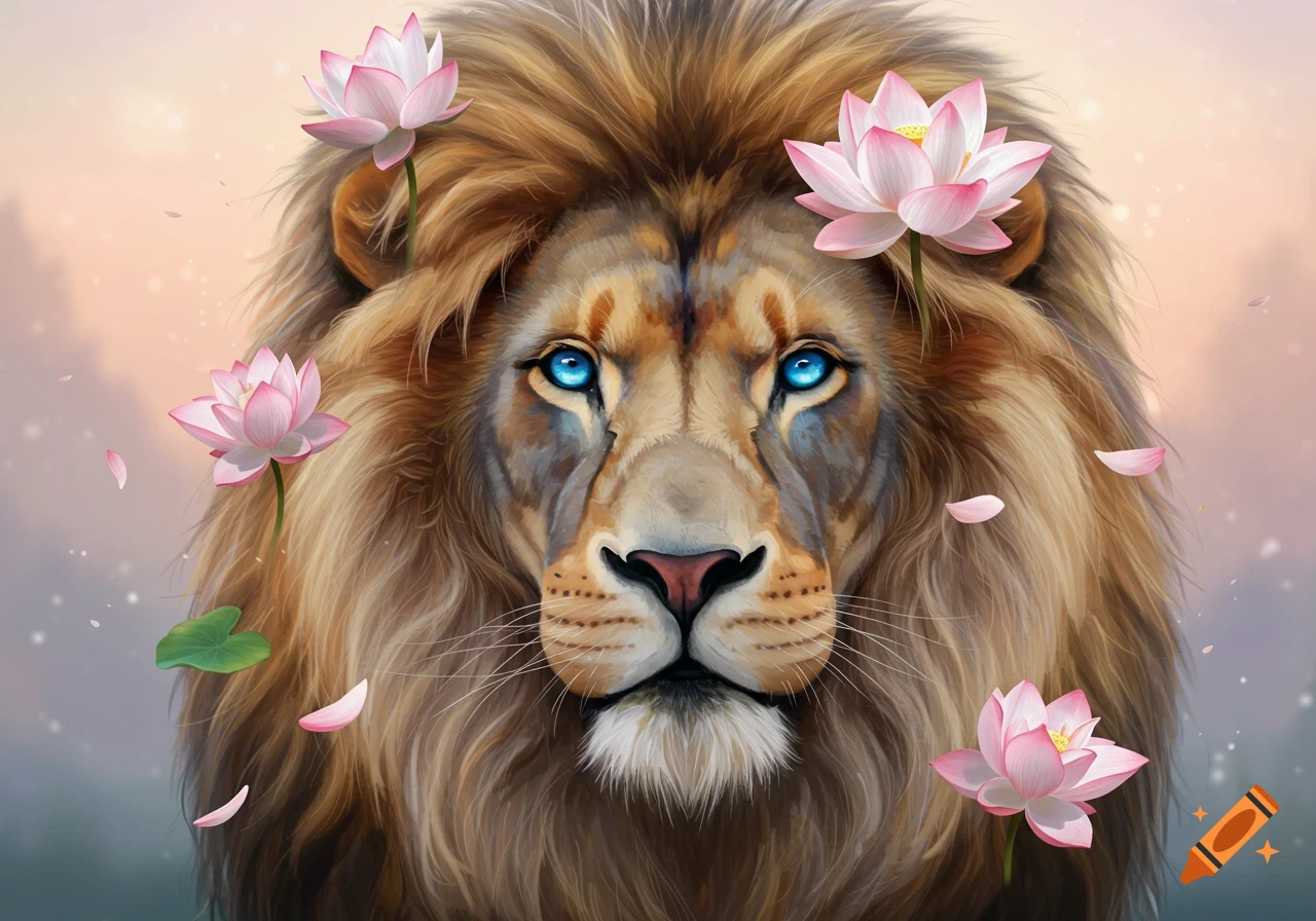 Close-up of a majestic lion's head with piercing blue eyes, adorned with pink lotus flowers and petals, in an artistic style.