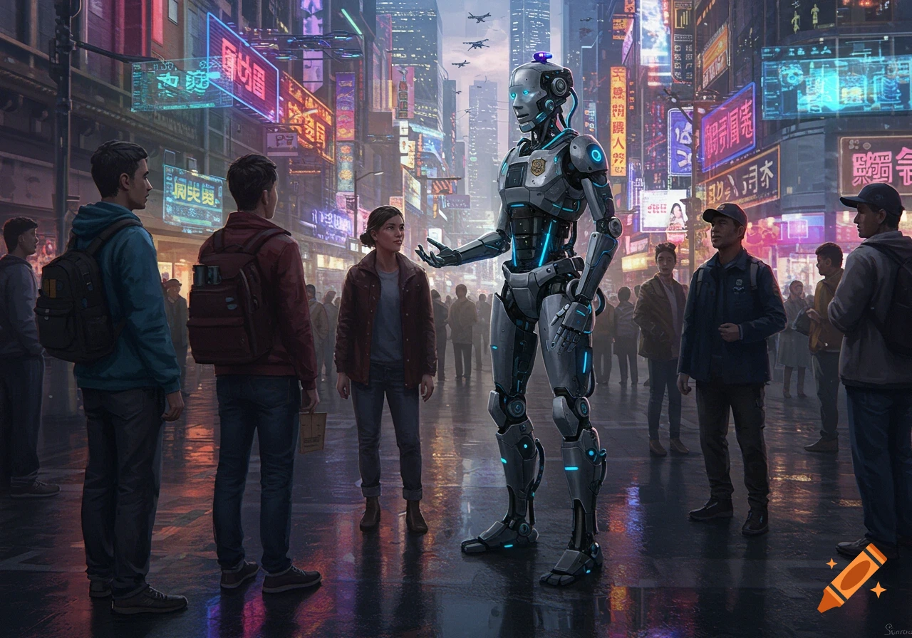 A futuristic police robot interacts with citizens on a rainy city street at night, illuminated by neon signs.
