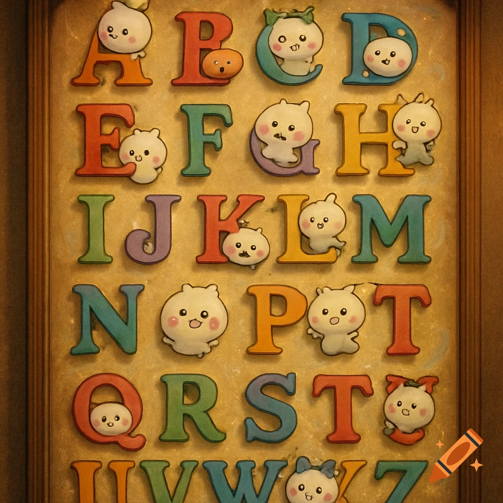 A colorful alphabet board with cute cartoon characters on each letter.