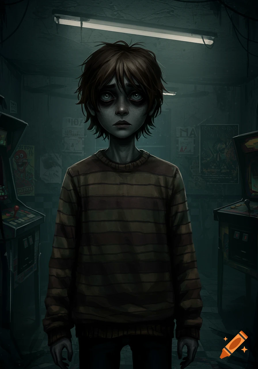 A creepy illustration of a young boy with dark, sunken eyes and messy brown hair, wearing a striped sweater, standing in a dim, eerie arcade room with vintage arcade machines and posters on the walls.