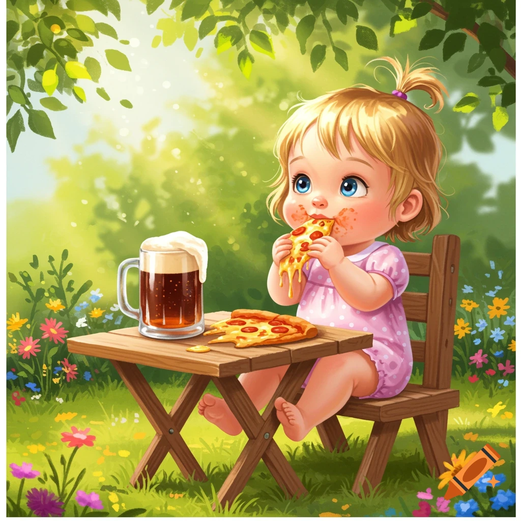 A cute cartoon baby girl with blonde hair eats a slice of pizza at a small wooden table outdoors, with a mug of beer nearby in a sunny garden.