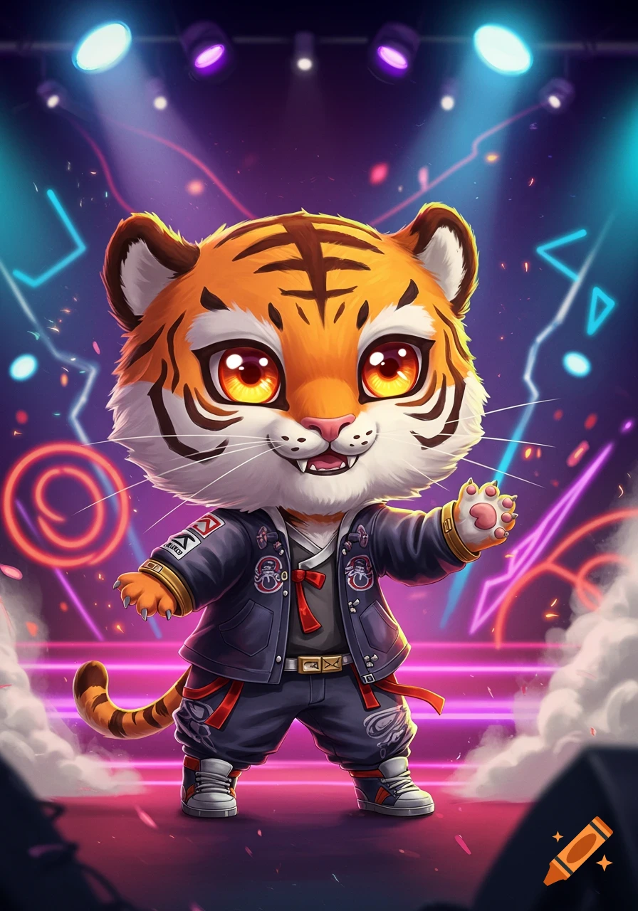 A cute chibi tiger character with large eyes, wearing a stylish dark jacket and pants, stands on a stage lit by colorful spotlights and neon lights.