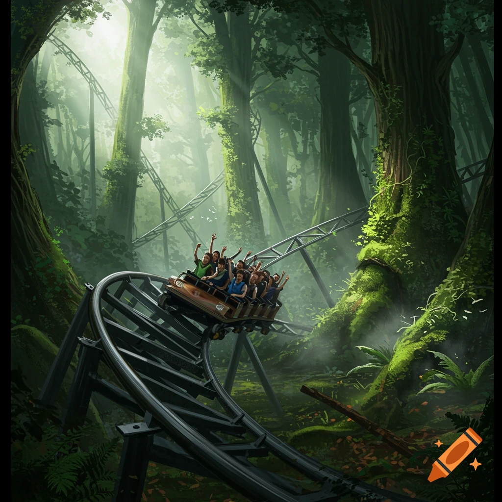 A rollercoaster car filled with cheering people curves through a lush, dark green forest with sunbeams streaming through the canopy, digital art.