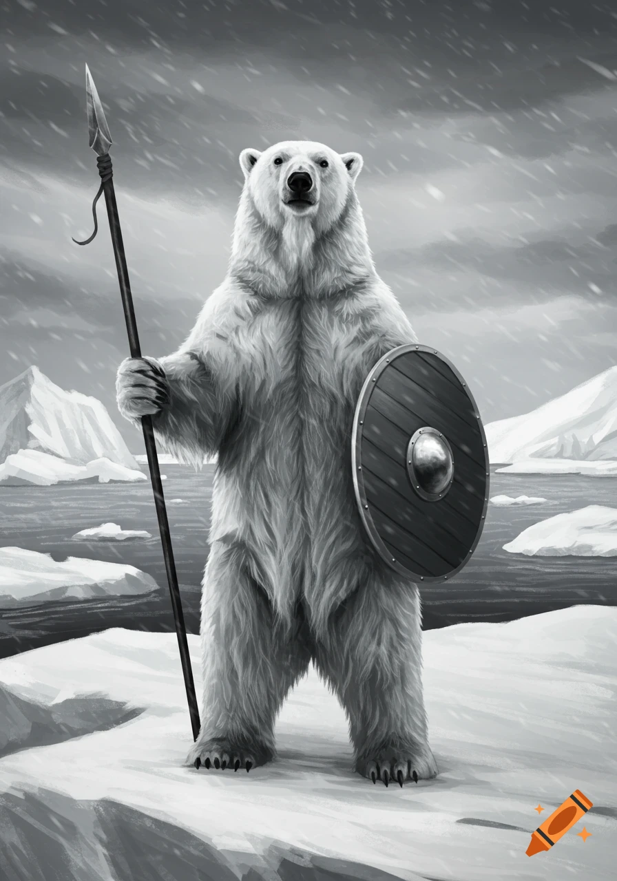 A black and white illustration of a polar bear standing upright, holding a spear and a shield, in a snowy arctic landscape.
