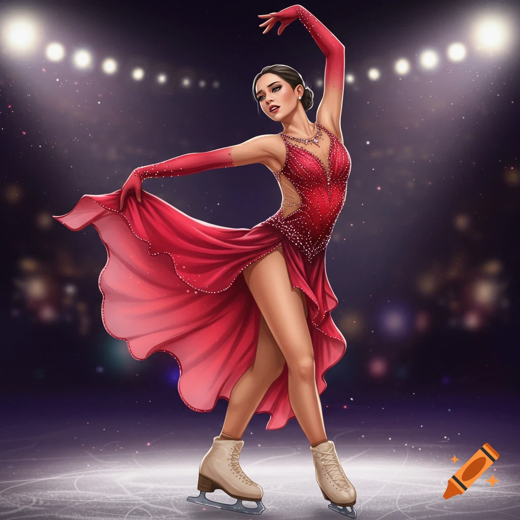 Digital illustration of a female figure skater in a red, sparkly performance dress posing on an ice rink under spotlights.