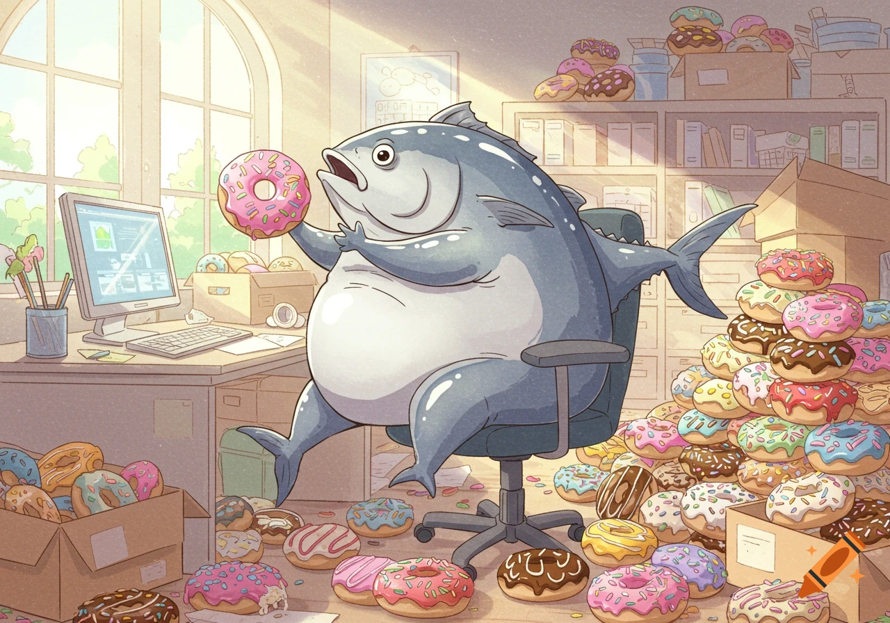 A morbidly obese anime-style tuna fish sits in an office chair, holding a pink donut, surrounded by piles of donuts.