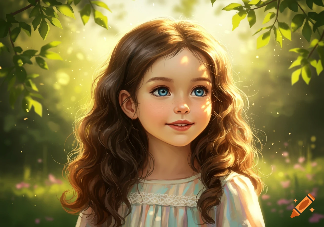 Close-up portrait of a young girl with brown wavy hair and big blue eyes smiling in a bright, sunlit forest.