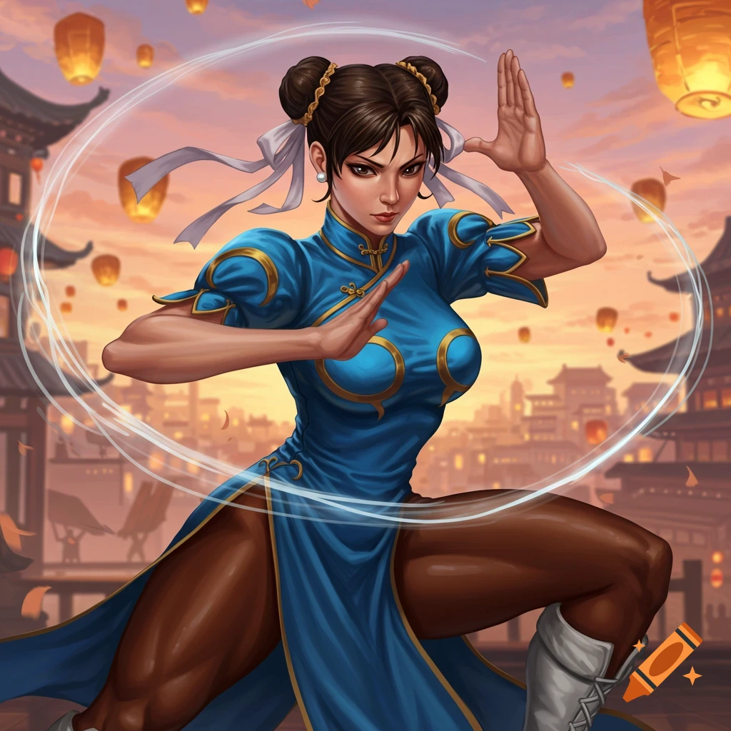Chun-Li in a blue qipao, striking a fighting pose with a white aura, against a sunset cityscape with lanterns.