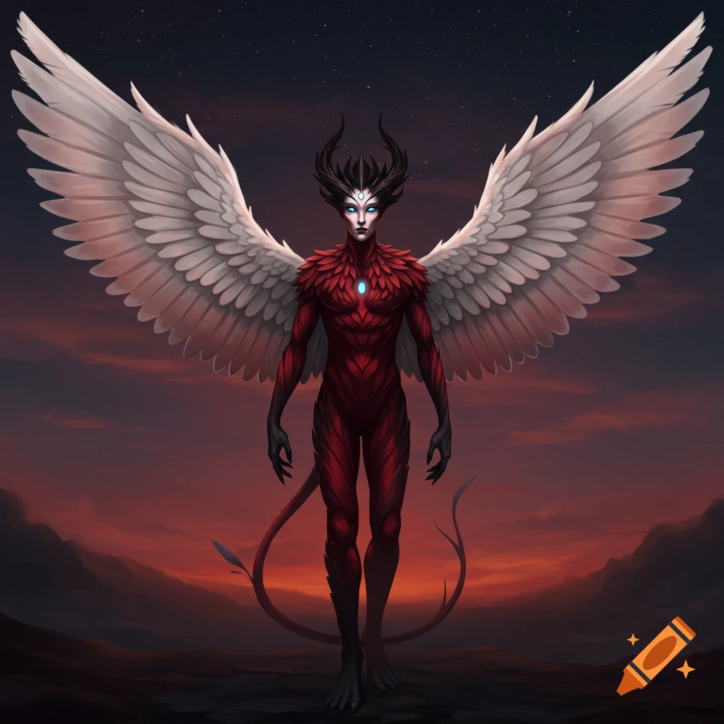 A fantastical winged creature with black horns, white face, glowing blue eyes, and a red feathered body stands against a dramatic sunset sky.