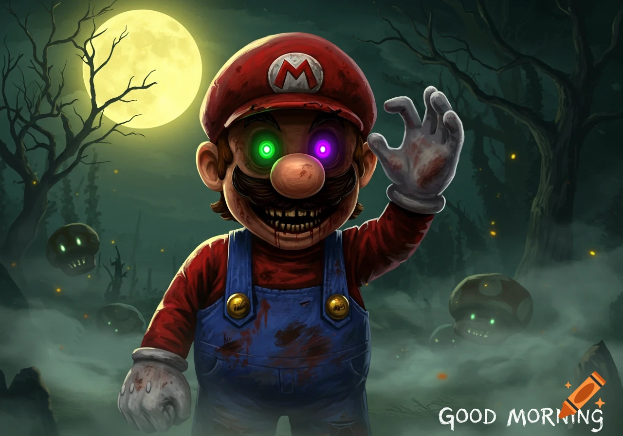 Cursed Mario with glowing green and purple eyes, sharp teeth, and blood-stained overalls stands in a spooky, foggy forest under a full moon, with creepy mushroom creatures, saying 'GOOD MORNING'.