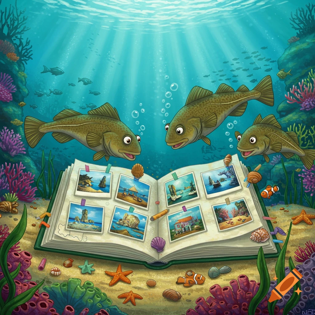 Three cartoon codfish observe an open scrapbook filled with land-based photos on the ocean floor, surrounded by vibrant coral and sea life.