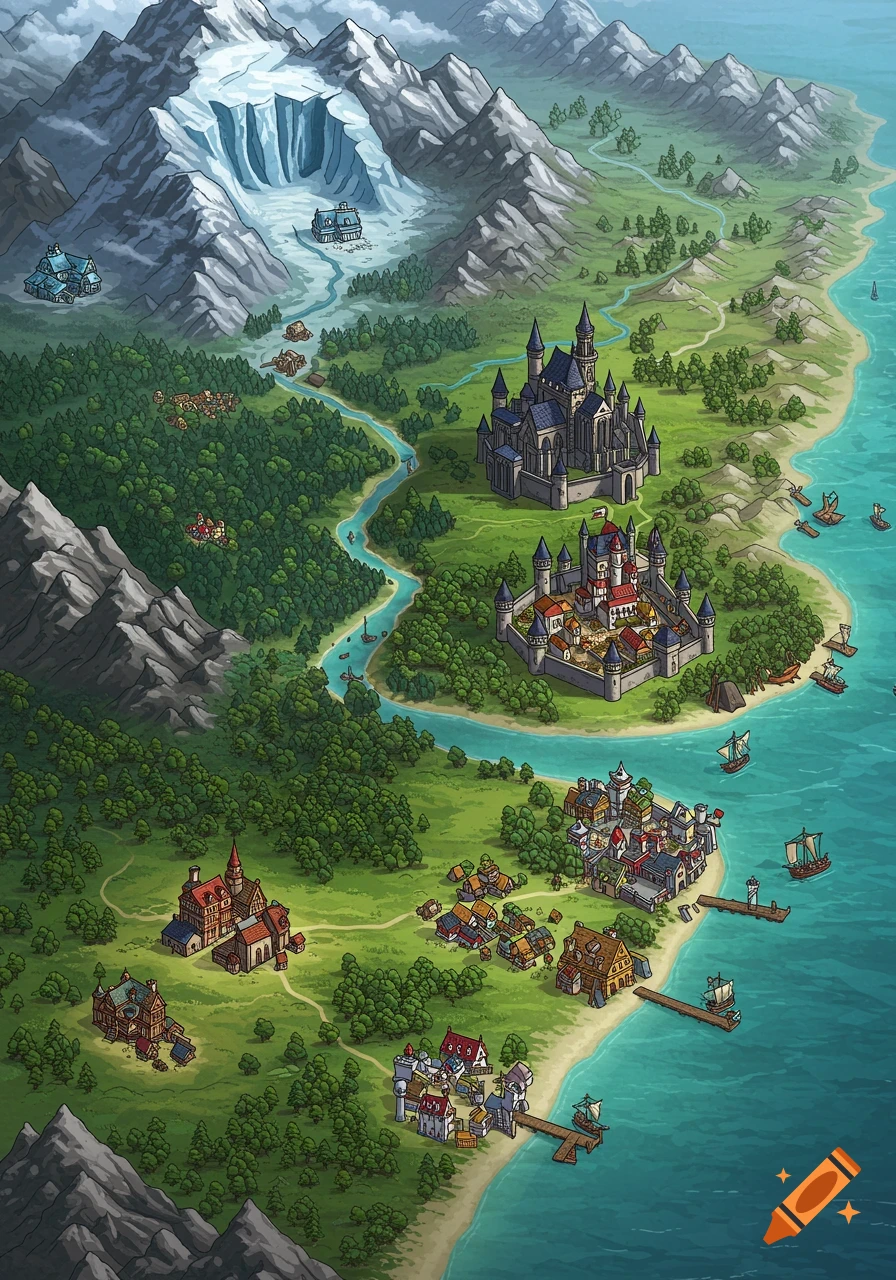 A detailed fantasy map showing icy mountains, forests, castles, rivers, and coastal villages along a sea. Stylized art.