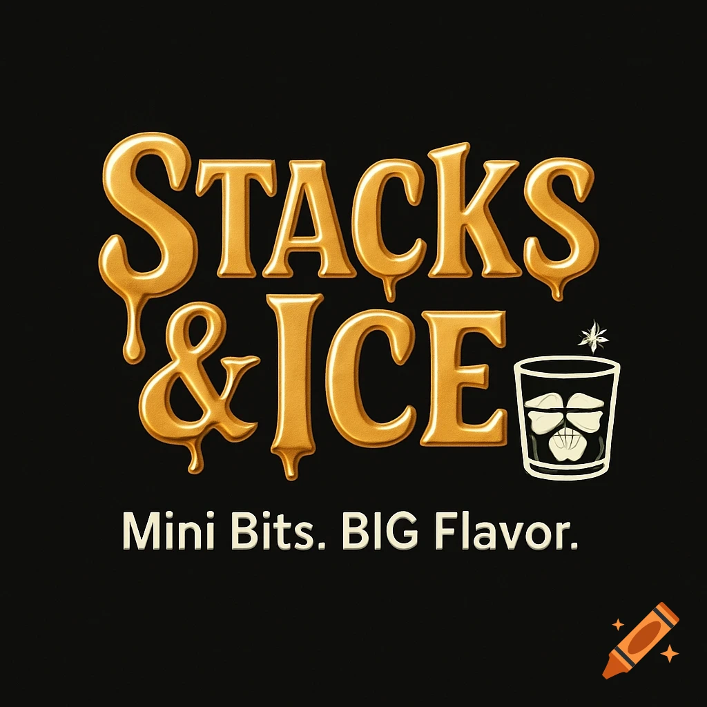 Gold dripping text 'STACKS & ICE' with 'Mini Bits. BIG Flavor.' below, alongside a glass with ice, on a black background.
