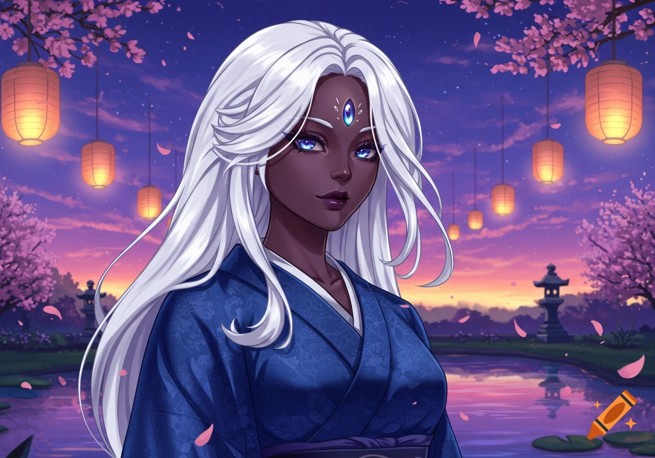 Anime girl with dark skin, long white hair, and indigo eyes with a third eye jewel, wearing a blue kimono in a Japanese garden with cherry blossoms and lanterns at dusk.