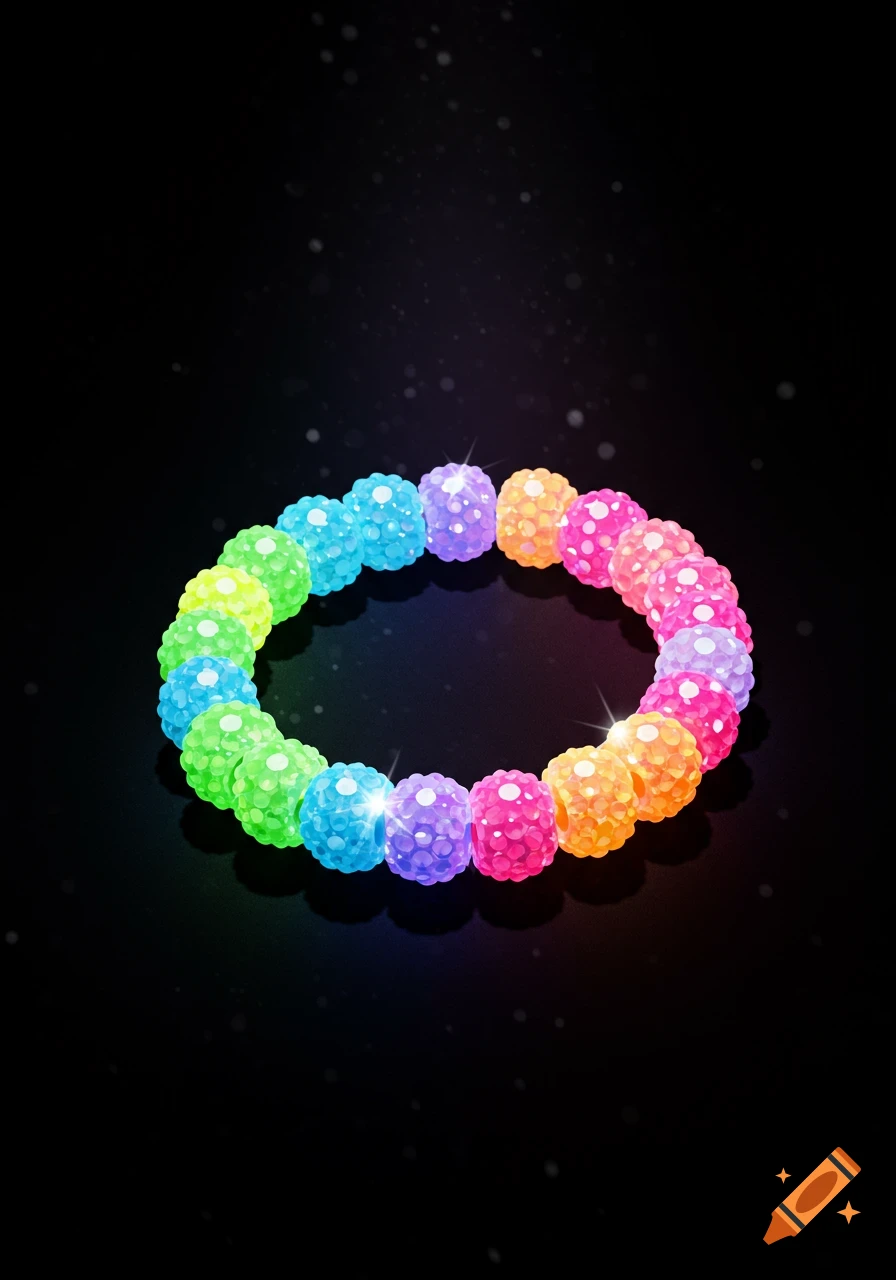 A vibrant, colorful beaded bracelet with sparkling details on a dark background.
