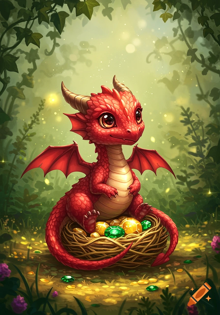 A cute red dragon sits in a woven nest filled with gold and emerald gems, surrounded by green foliage in a forest.