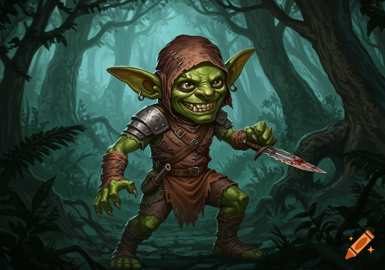 A green goblin scout with sharp teeth and a bloody dagger, wearing ragged armor, stands in a dark forest in a D&D style.