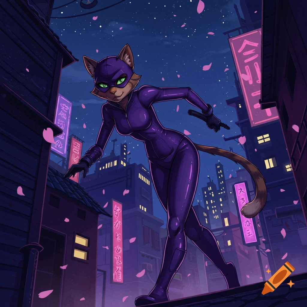A purple-suited cat character with green eyes stands on a rooftop overlooking a neon-lit city street at night, with falling pink petals.
