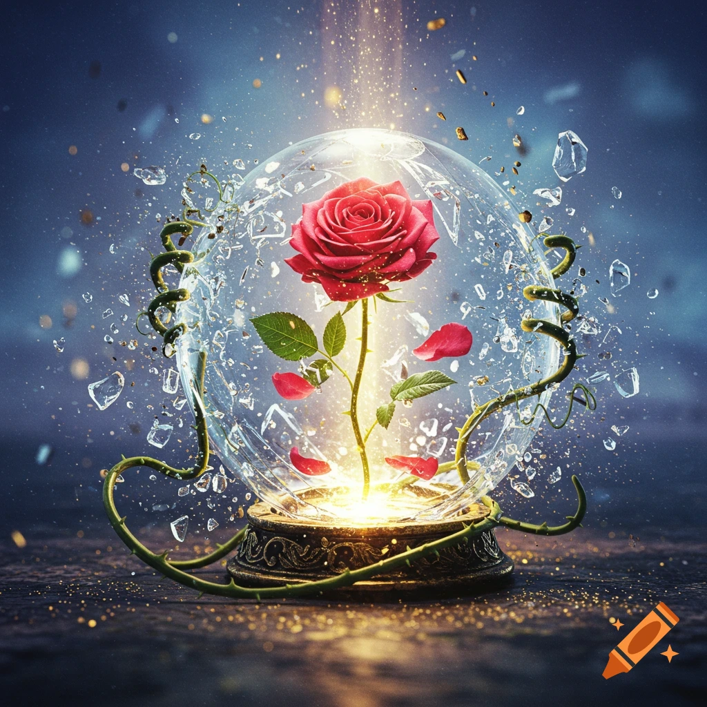 A photorealistic red rose glowing within a shattering glass dome, with vines and flying glass shards.