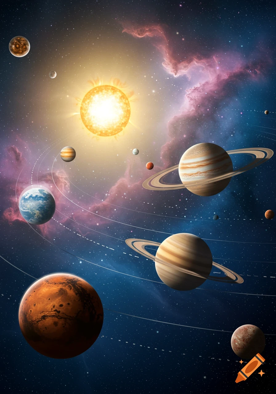 A vibrant illustration of the solar system featuring the sun, multiple planets, and their orbits against a starry, nebulous background.
