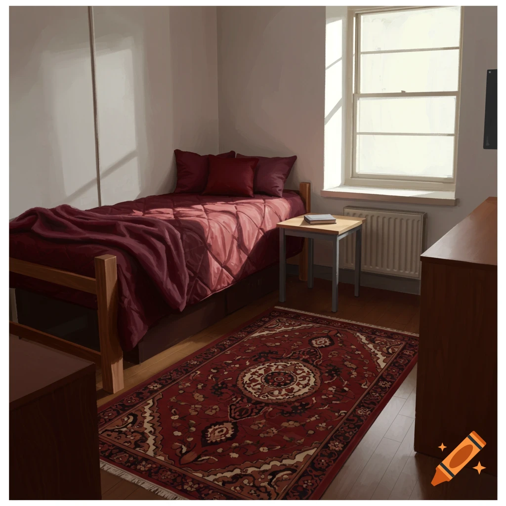 A college dorm room with a burgundy bed, three pillows, a Persian rug, a small window, and a bedside table with a book.
