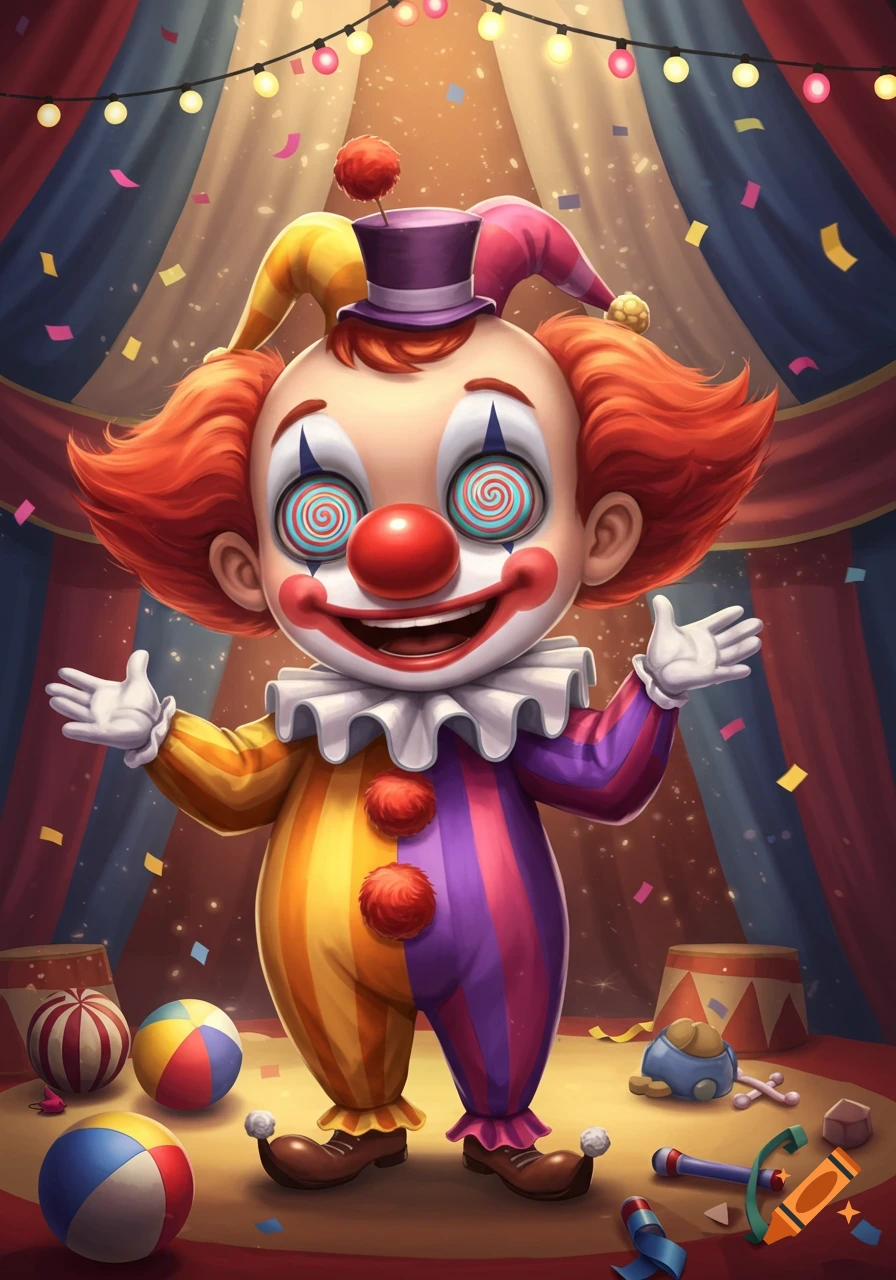 A smiling, hypnotized clown boy with spiral eyes in a colorful suit stands in a circus tent filled with confetti and circus props.
