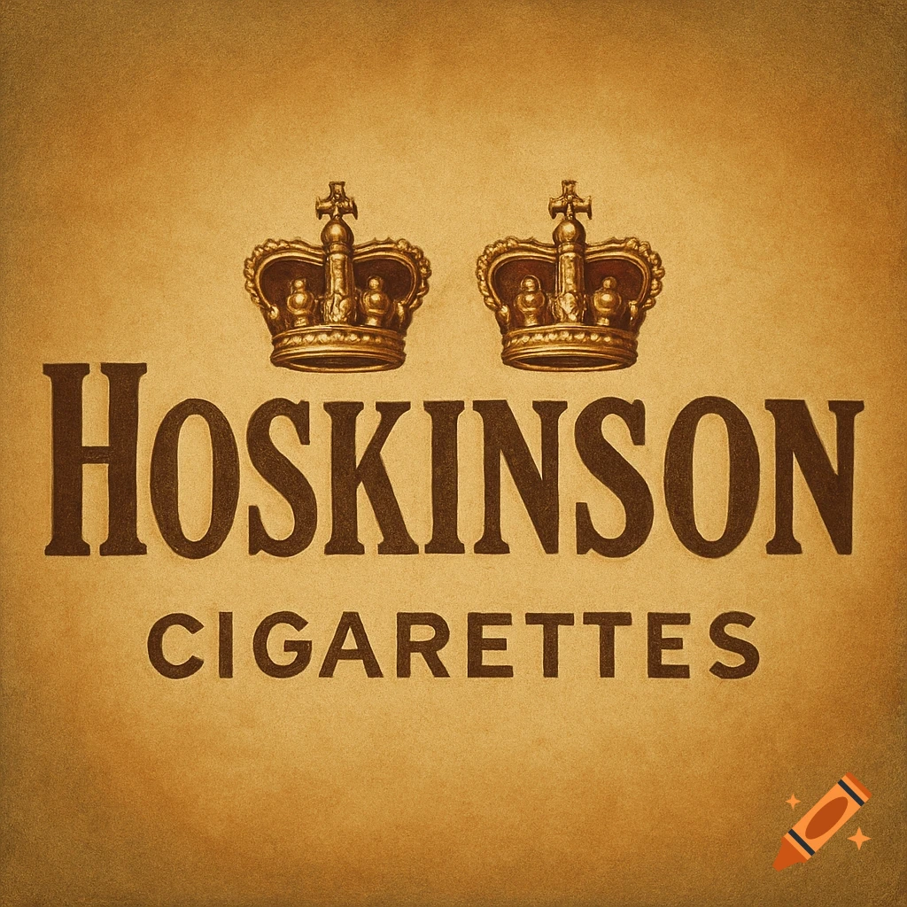 A vintage-style logo for 'Hoskinson Cigarettes' with two golden crowns above the text on a brown background.