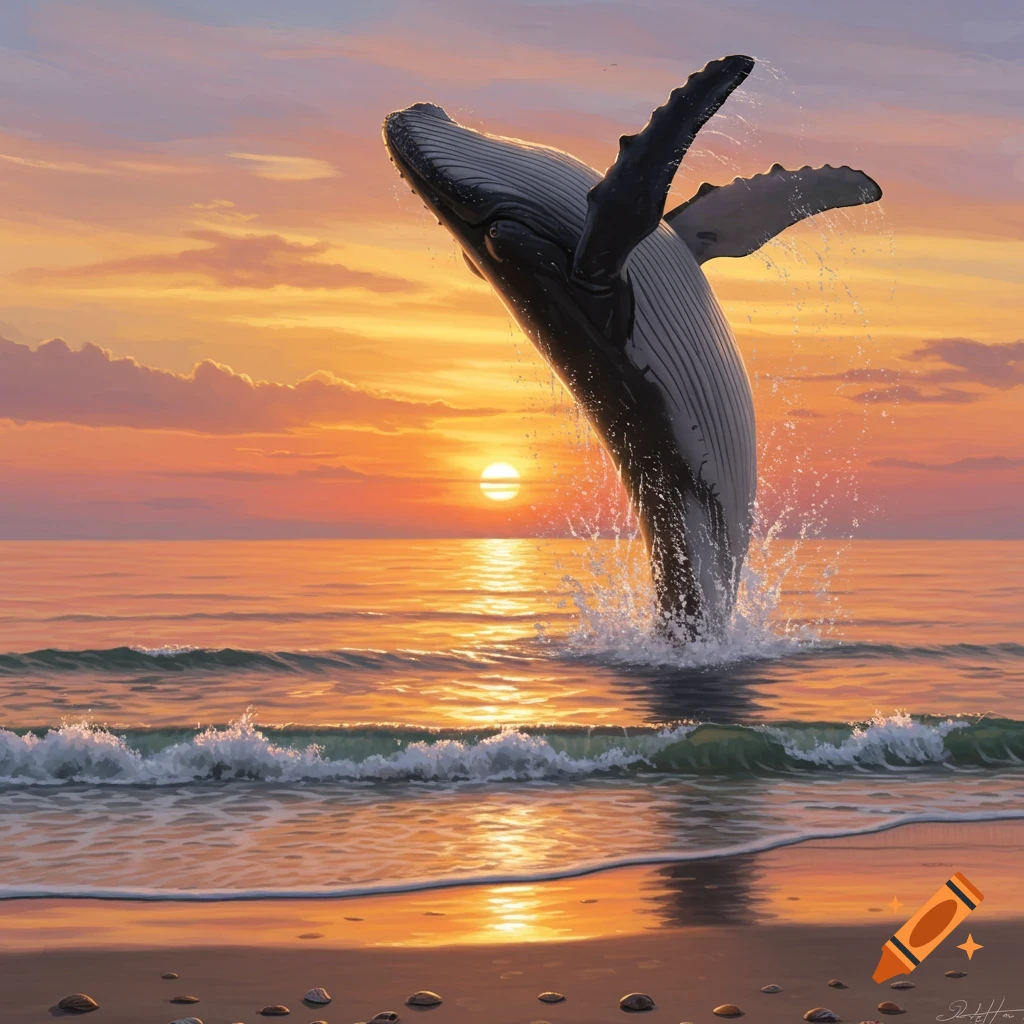 A large whale breaches from the ocean water at a beach during a vibrant orange and yellow sunset.