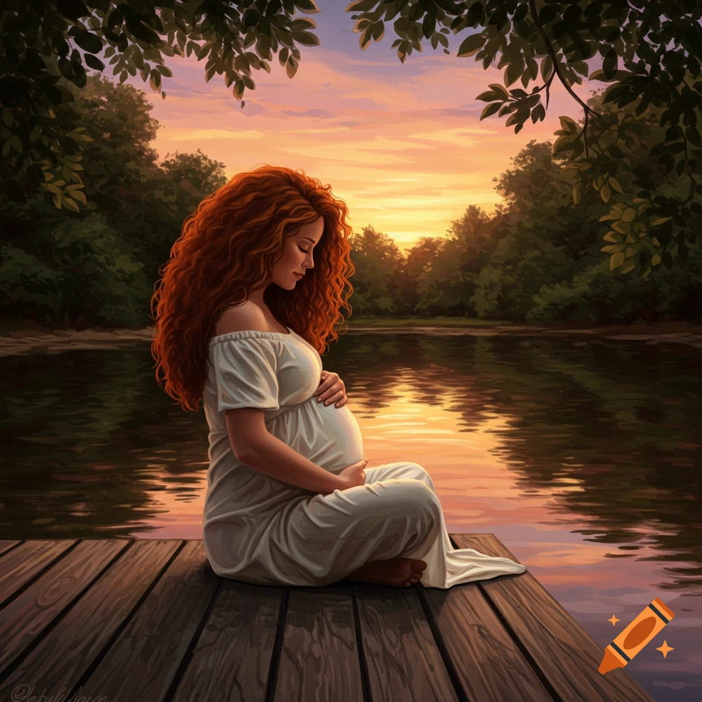A pregnant woman with red curly hair sits on a wooden dock by a lake, holding her belly at sunset, digital painting.