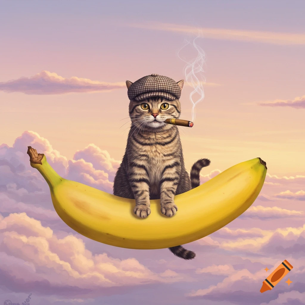 A tabby cat wearing a plaid cap sits atop a giant banana, floating in a cloud-filled sky, smoking a lit cigar with smoke rising.