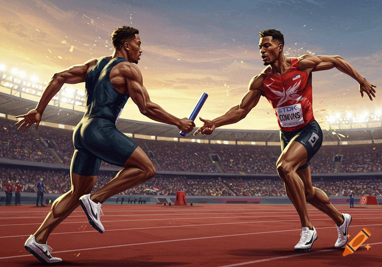 Two male athletes passing a baton during a relay race in a brightly lit stadium at sunset.