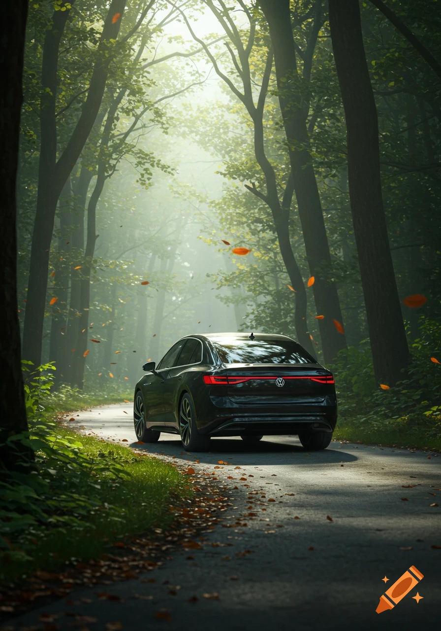 A dark Volkswagen car on a winding road through a sunlit forest with autumn leaves falling, in a photorealistic style.