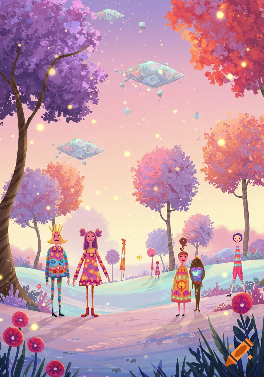 A whimsical, colorful illustration of stylized characters walking in a fantasy landscape with vibrant trees and floating geometric objects.