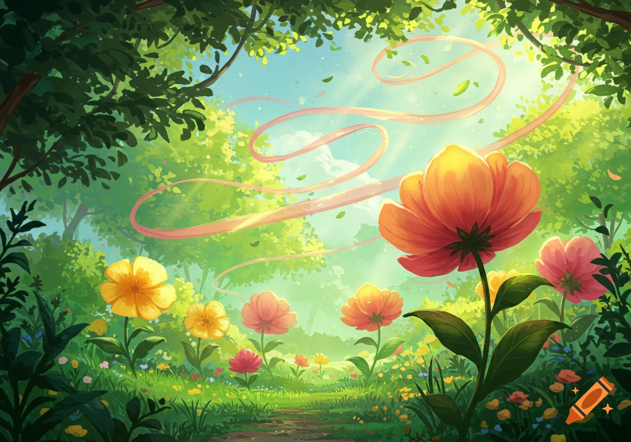 A vibrant, sunlit forest path leads through a field of large, colorful flowers with ribbons floating in the sky, in an artistic style.